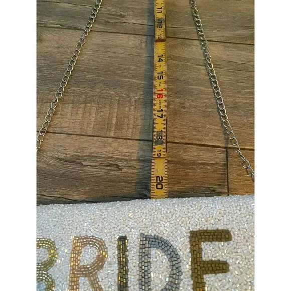 Bride Metallic Beaded Lettered Gold Chain Strap Seed Beaded Clutch Purse - Picture 3 of 9